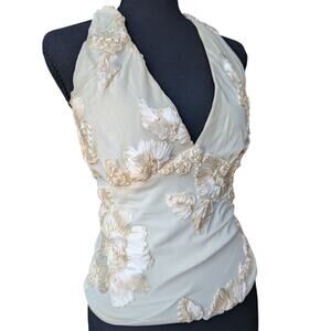Y2K Ribbon Embellished Floral Mesh Halter Top in Size Medium Yellow Spring Lace